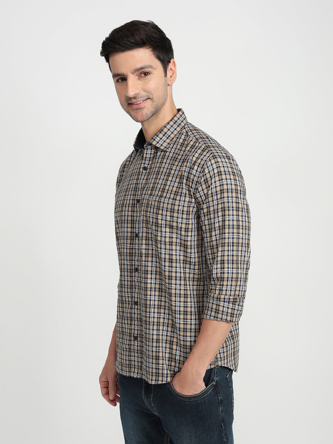 Park Avenue Men Brown Checks Slim Fit Cotton Full Sleeve Casual Shirt