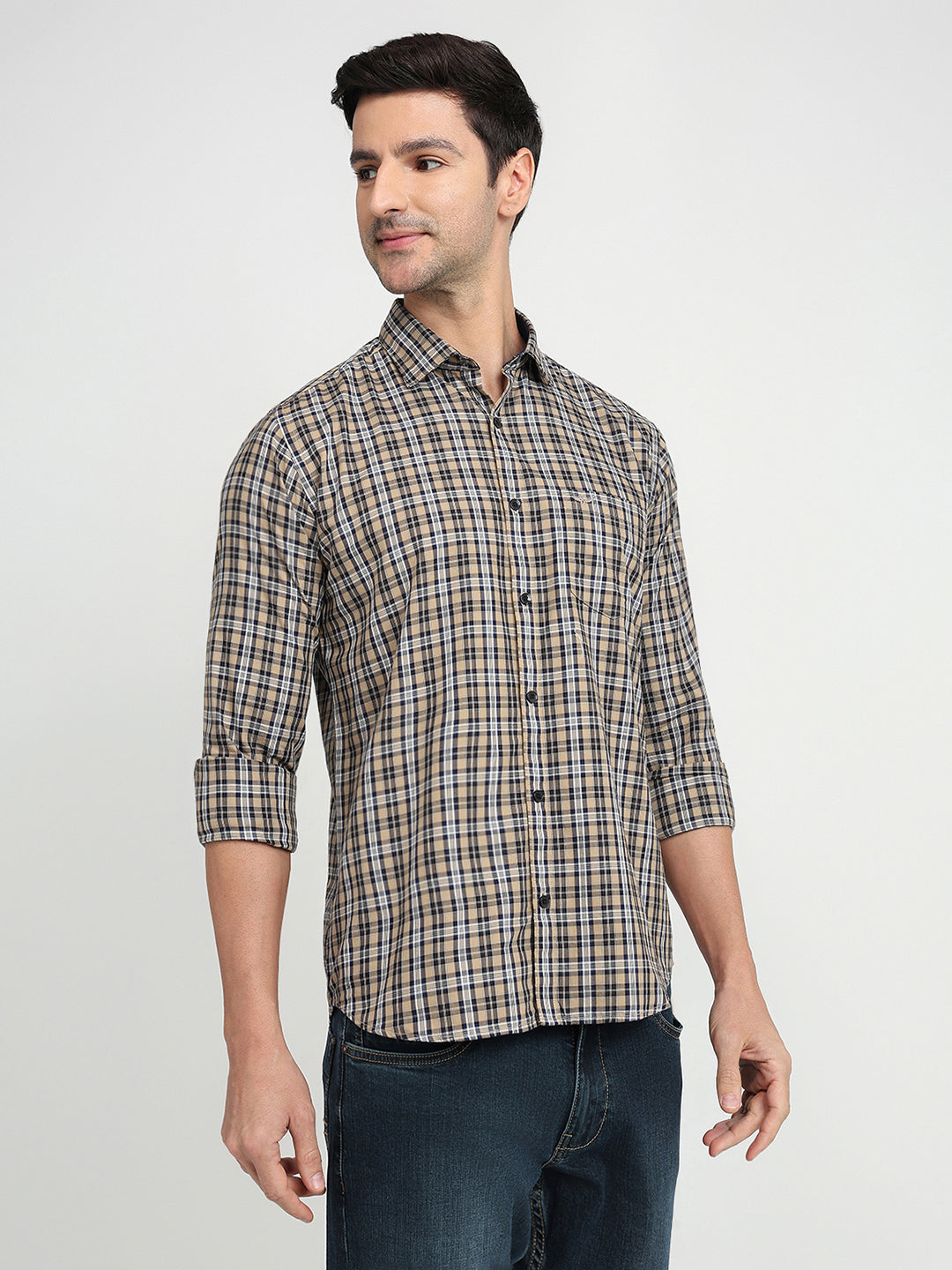 Park Avenue Men Brown Checks Slim Fit Cotton Full Sleeve Casual Shirt