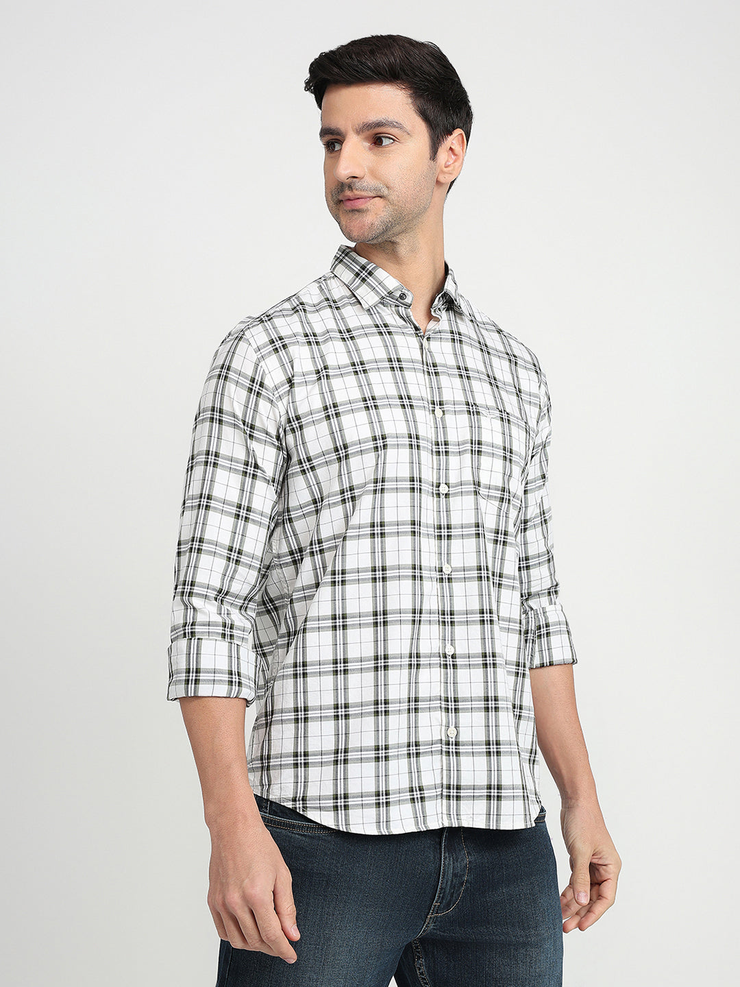 Park Avenue Men Green Checks Slim Fit Cotton Full Sleeve Casual Shirt