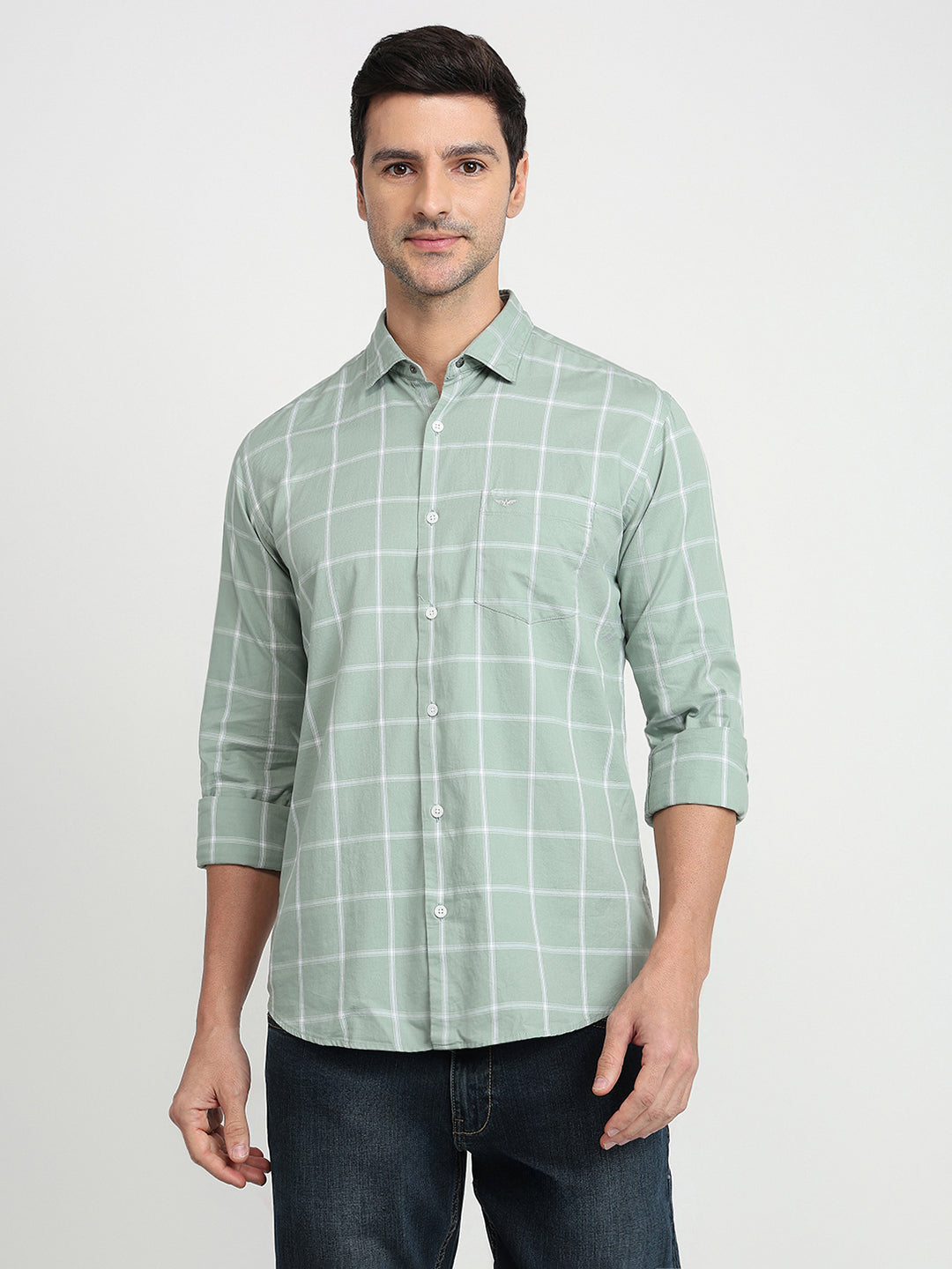 Park Avenue Men Green Checks Slim Fit Cotton Full Sleeve Casual Shirt