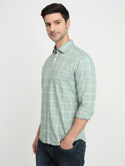 Park Avenue Men Green Checks Slim Fit Cotton Full Sleeve Casual Shirt