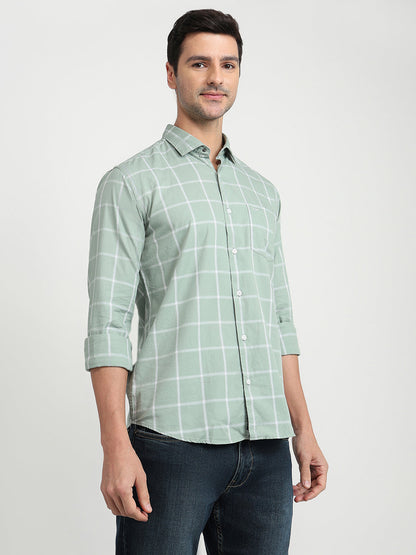 Park Avenue Men Green Checks Slim Fit Cotton Full Sleeve Casual Shirt
