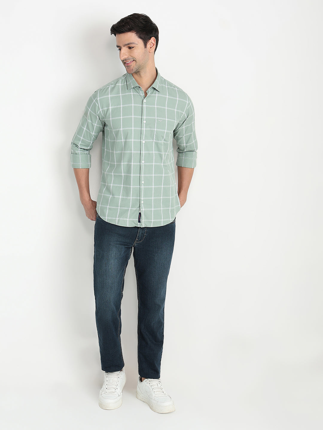 Park Avenue Men Green Checks Slim Fit Cotton Full Sleeve Casual Shirt