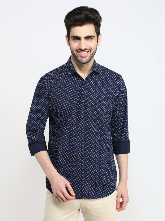 Park Avenue Men Blue Printed Slim Fit Cotton Full Sleeve Casual Shirt