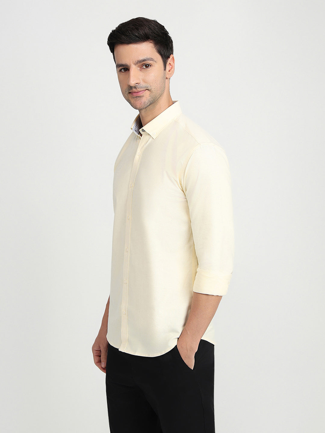 Park Avenue Men Yellow Solid Slim Fit Cotton Full Sleeve Casual Shirt