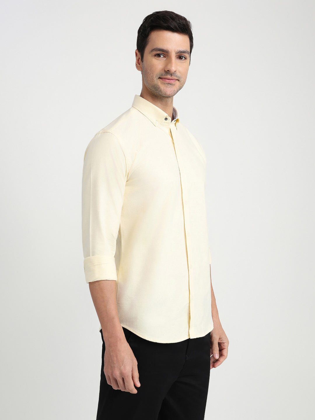 Park Avenue Men Yellow Solid Slim Fit Cotton Full Sleeve Casual Shirt