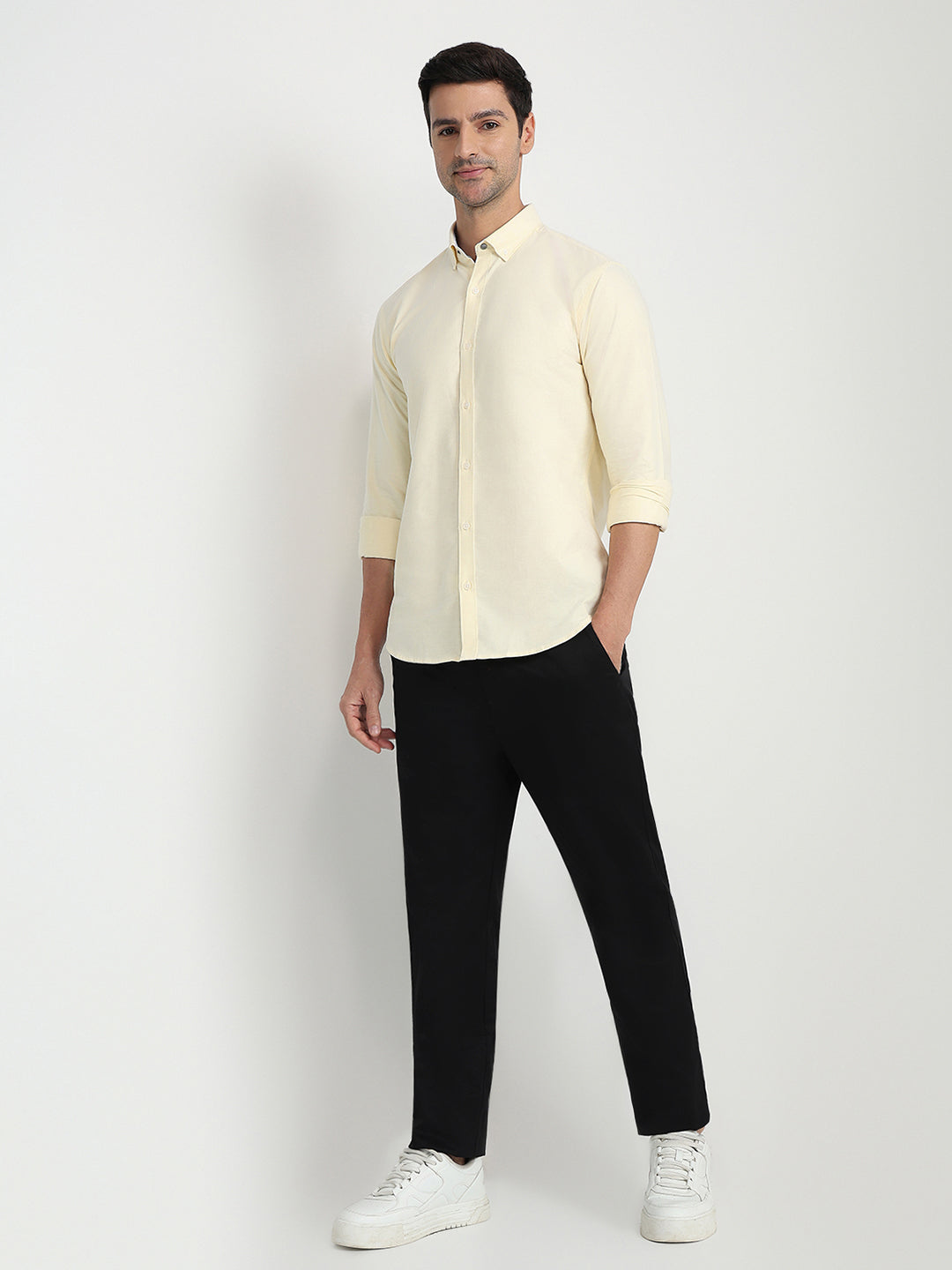 Park Avenue Men Yellow Solid Slim Fit Cotton Full Sleeve Casual Shirt