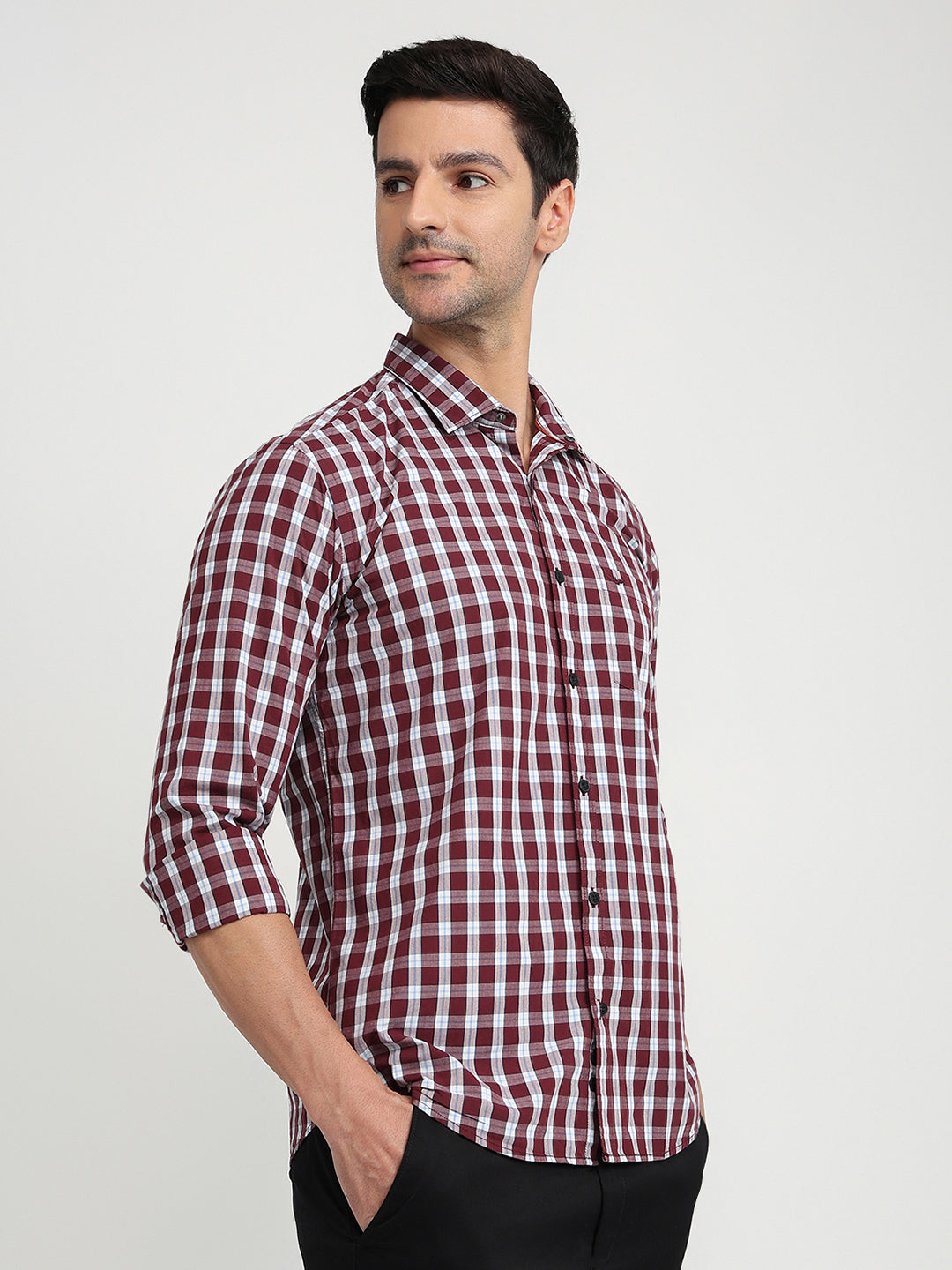 Park Avenue Men Maroon Checks Slim Fit Cotton Full Sleeve Casual Shirt