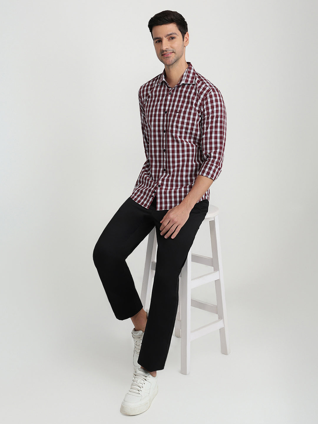 Park Avenue Men Maroon Checks Slim Fit Cotton Full Sleeve Casual Shirt