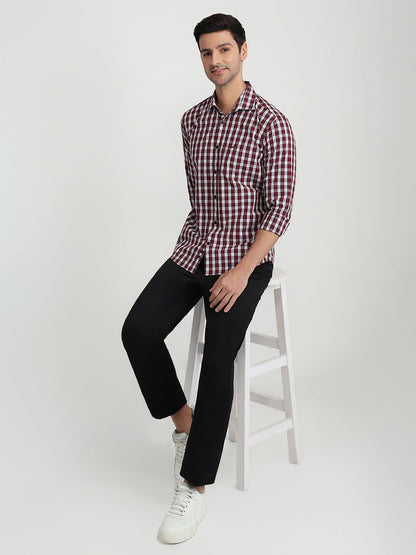 Park Avenue Men Maroon Checks Slim Fit Cotton Full Sleeve Casual Shirt