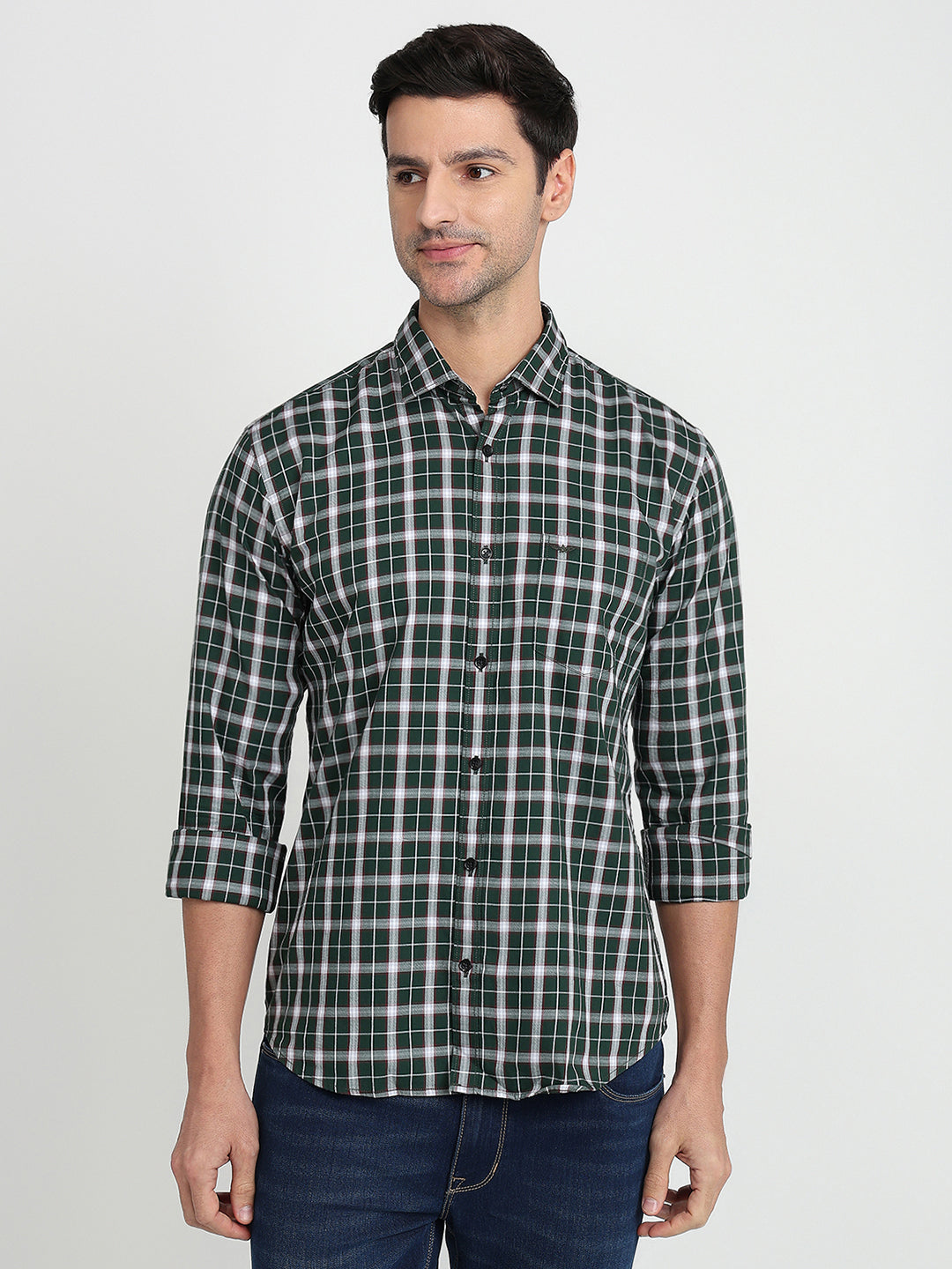 Park Avenue Men Green Checks Slim Fit Cotton Full Sleeve Casual Shirt