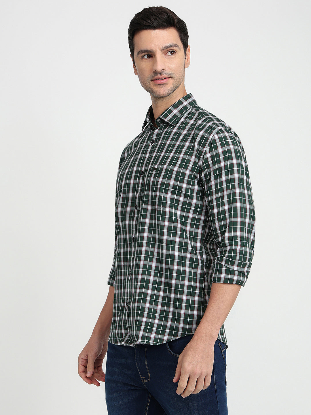 Park Avenue Men Green Checks Slim Fit Cotton Full Sleeve Casual Shirt