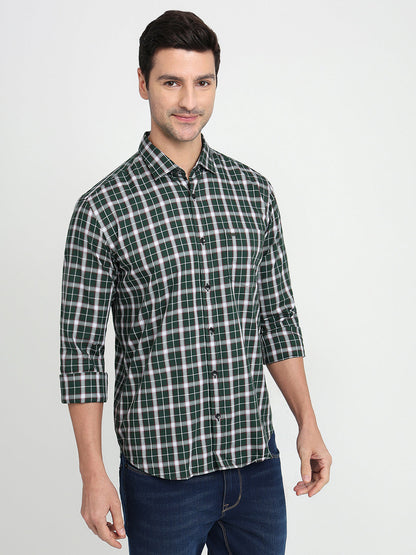 Park Avenue Men Green Checks Slim Fit Cotton Full Sleeve Casual Shirt