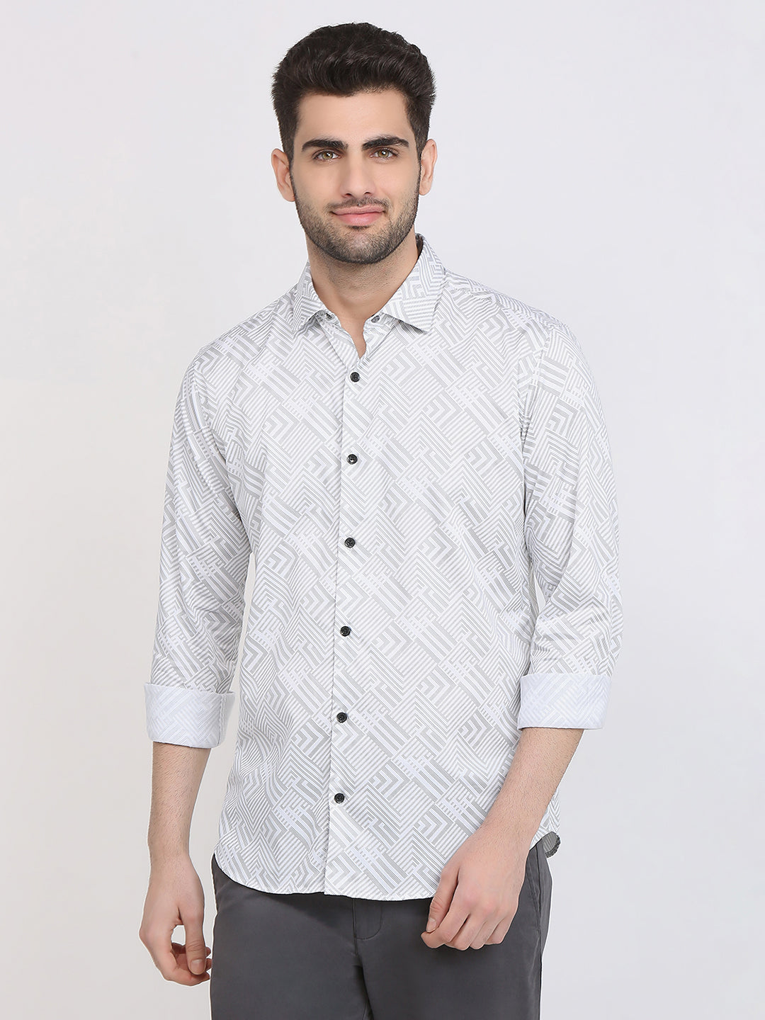 Park Avenue Men White Printed Slim Fit Cotton Full Sleeve Casual Shirt