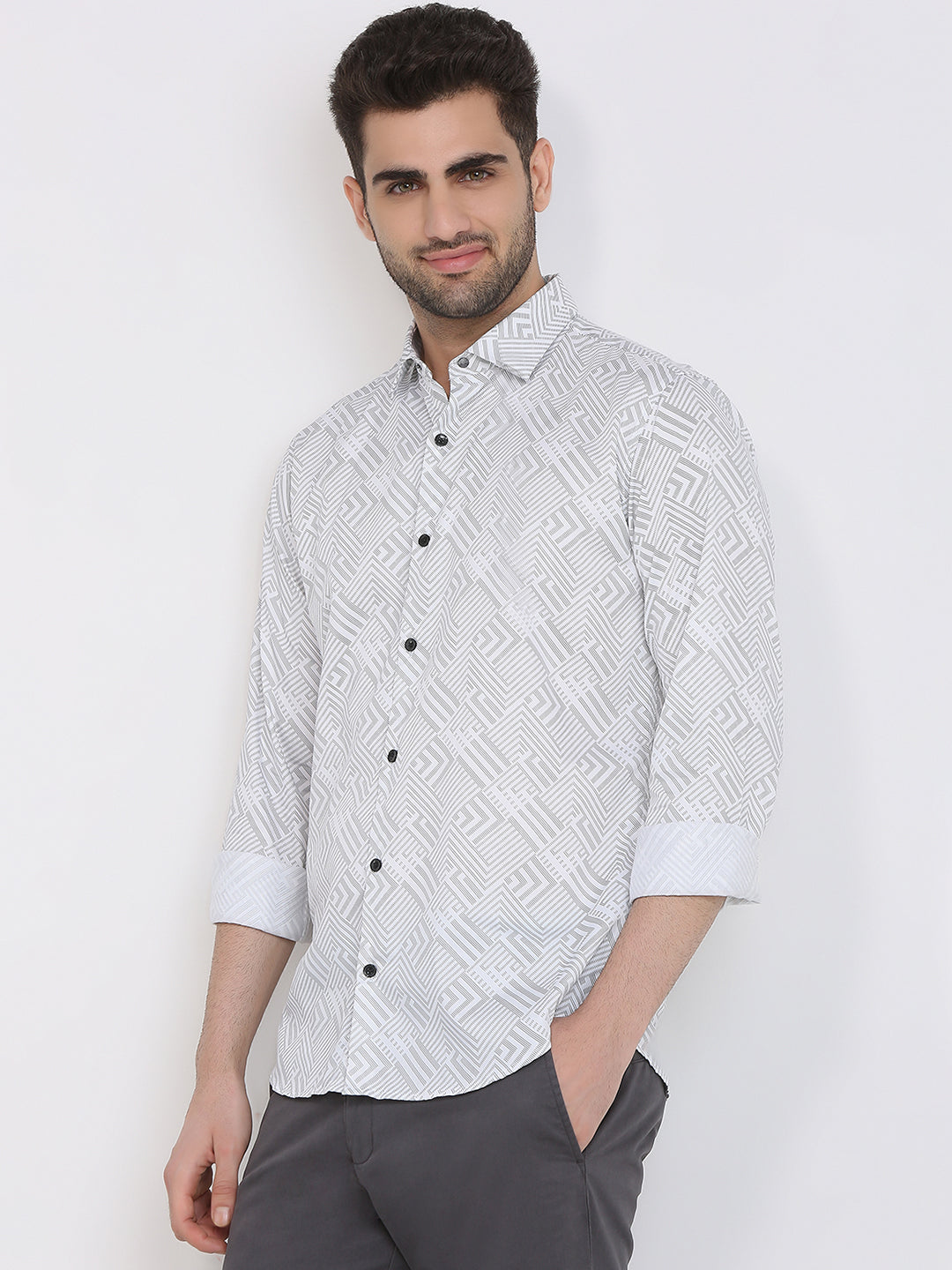 Park Avenue Men White Printed Slim Fit Cotton Full Sleeve Casual Shirt