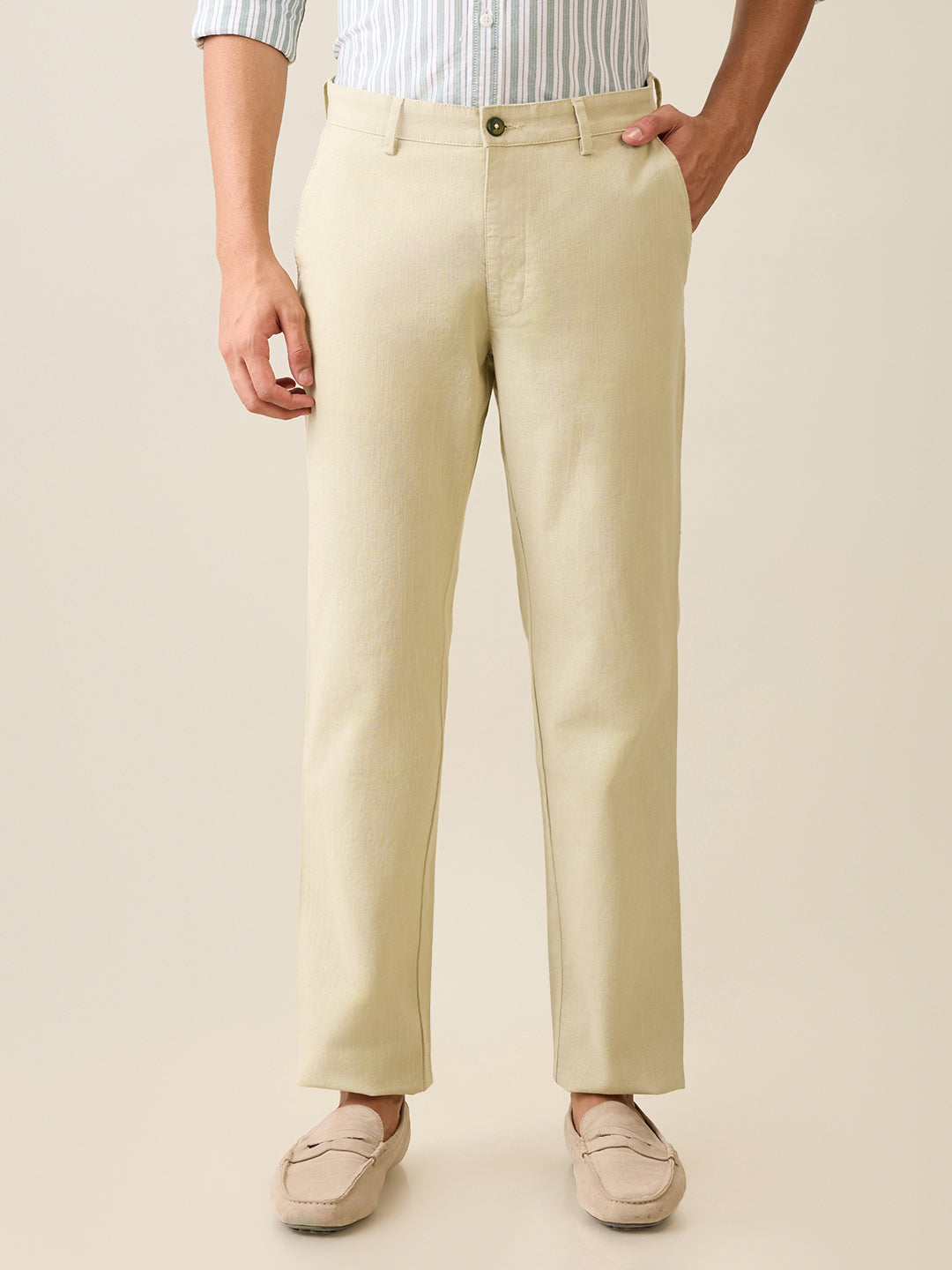 Park Avenue Men Green Structure Slim Fit Cotton Trouser