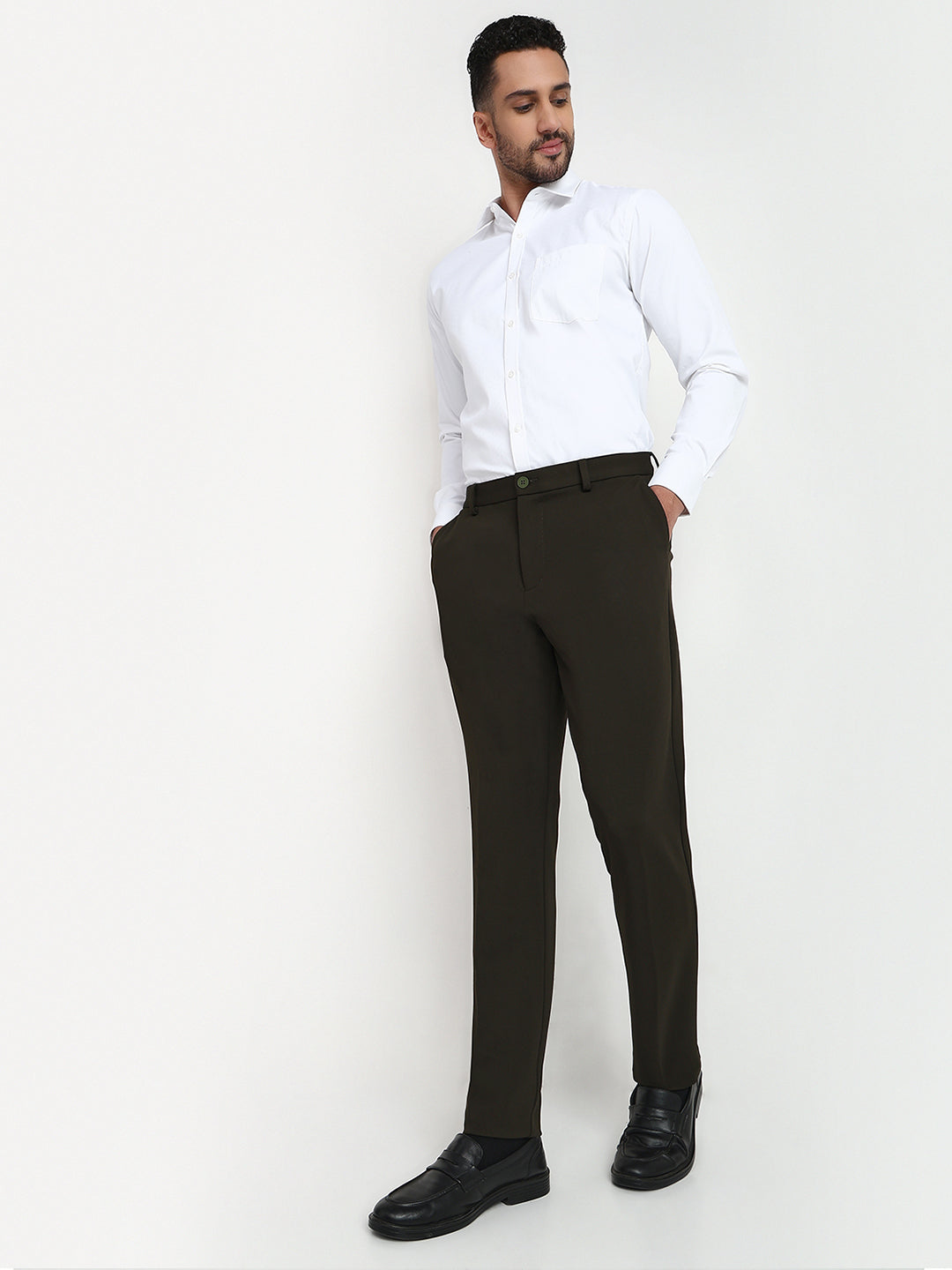 Park Avenue Men Green Structure Commutech Fit Cotton Blend Trouser