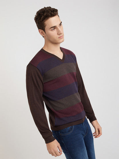 Park Avenue Men Brown Stripe Regular Acrylic Blend Full Sleeve Sweater