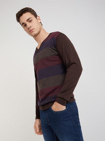 Park Avenue Men Brown Stripe Regular Acrylic Blend Full Sleeve Sweater