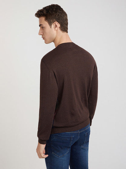 Park Avenue Men Brown Stripe Regular Acrylic Blend Full Sleeve Sweater