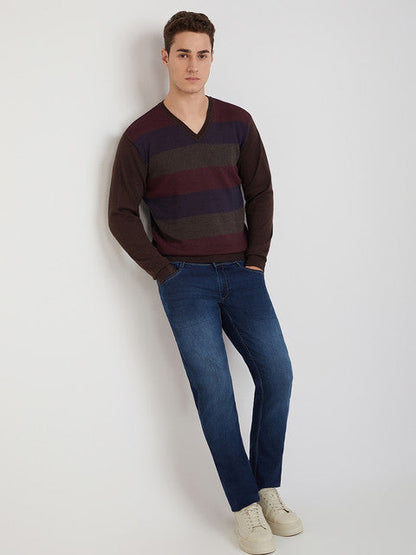 Park Avenue Men Brown Stripe Regular Acrylic Blend Full Sleeve Sweater