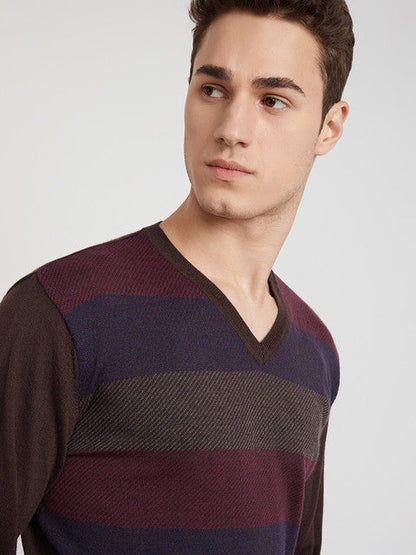 Park Avenue Men Brown Stripe Regular Acrylic Blend Full Sleeve Sweater
