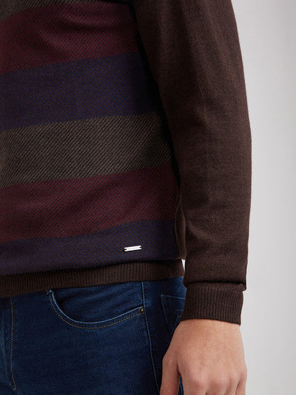 Park Avenue Men Brown Stripe Regular Acrylic Blend Full Sleeve Sweater