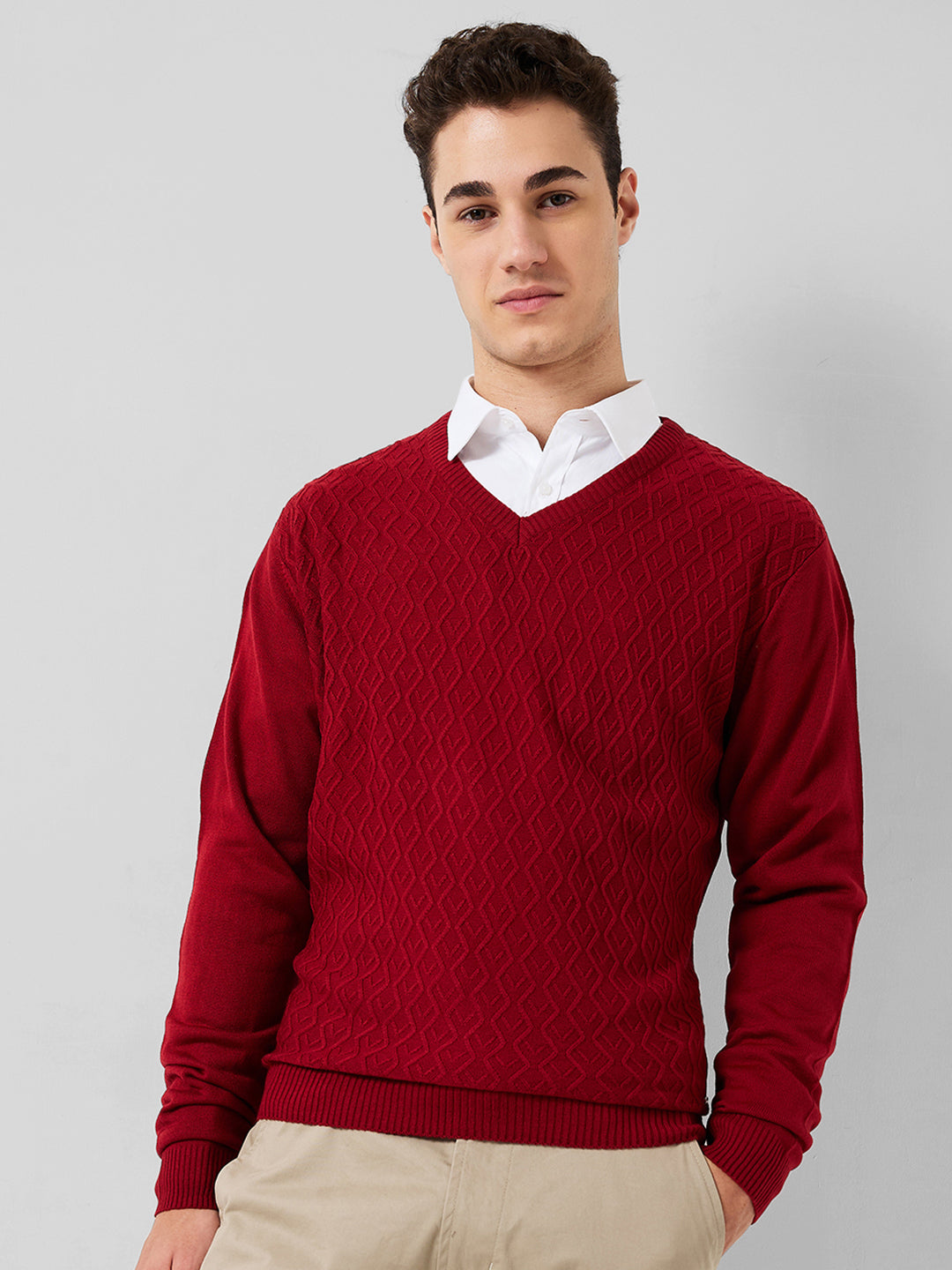 Park Avenue Men Red Structure Regular Fit Acrylic Sweater