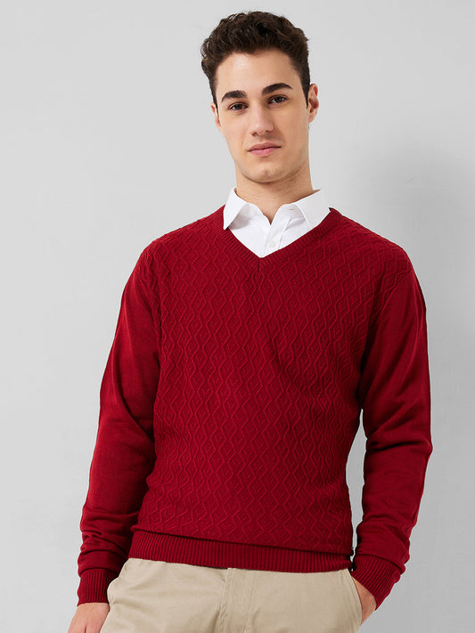 Park Avenue Men Red Structure Regular Fit Acrylic Sweater