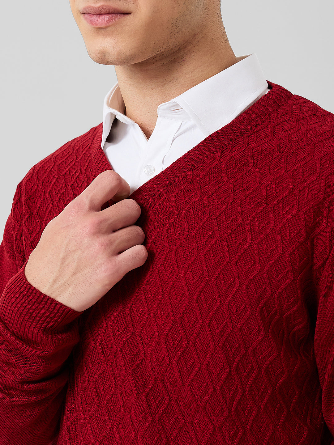 Park Avenue Men Red Structure Regular Fit Acrylic Sweater