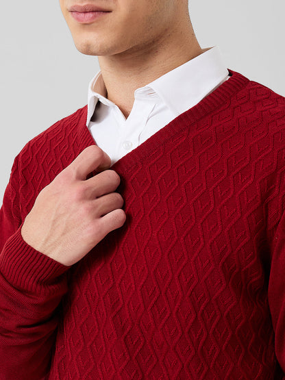 Park Avenue Men Red Structure Regular Fit Acrylic Sweater