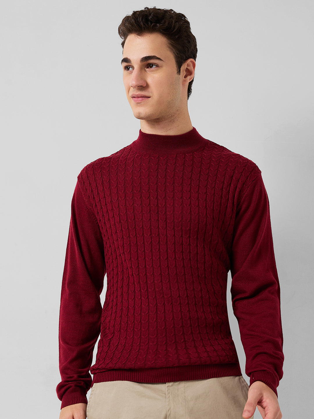 Park Avenue Men Maroon Structure Regular Fit Acro Blend Full Sleeve Round Neck Collar Sweater