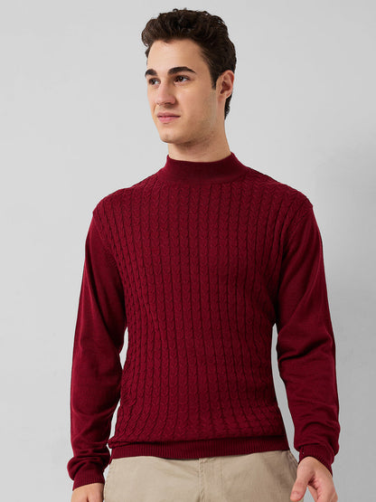Park Avenue Men Maroon Structure Regular Fit Acro Blend Full Sleeve Round Neck Collar Sweater