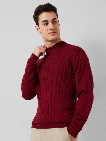 Park Avenue Men Maroon Structure Regular Fit Acro Blend Full Sleeve Round Neck Collar Sweater