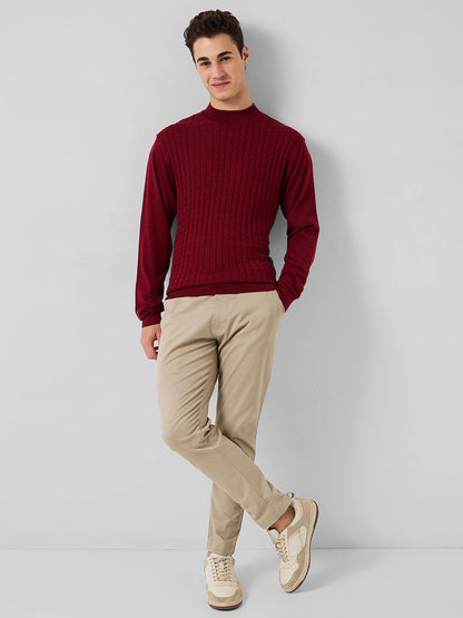 Park Avenue Men Maroon Structure Regular Fit Acro Blend Full Sleeve Round Neck Collar Sweater