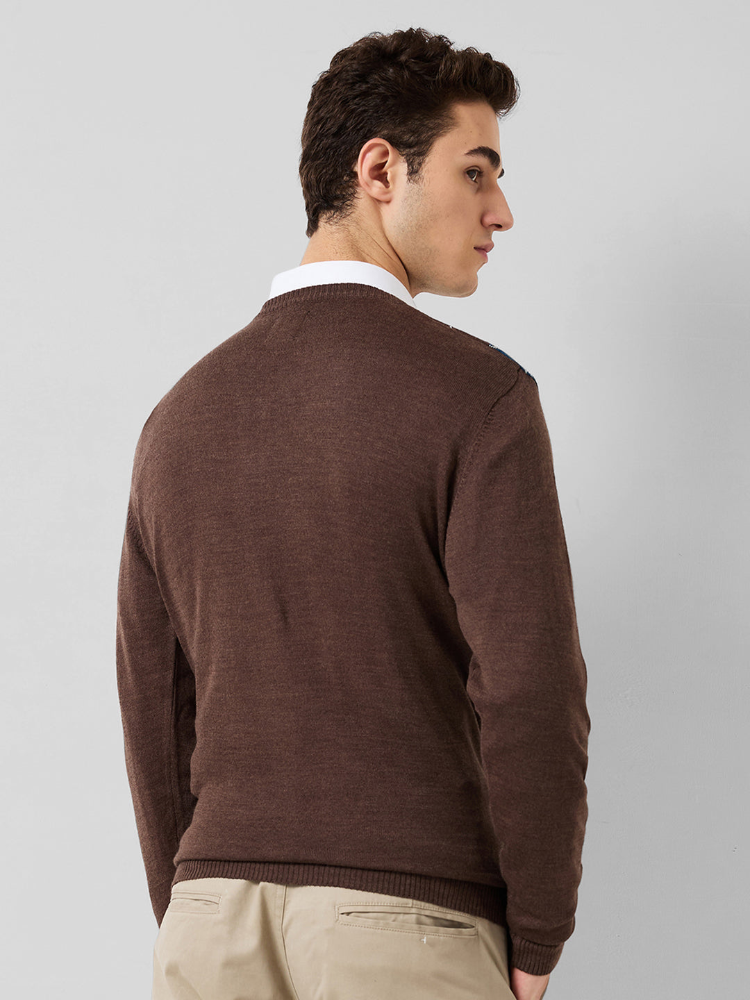 Park Avenue Men Brown Argyle Regular Fit Acro Blend Full Sleeve Round Neck Collar Sweater