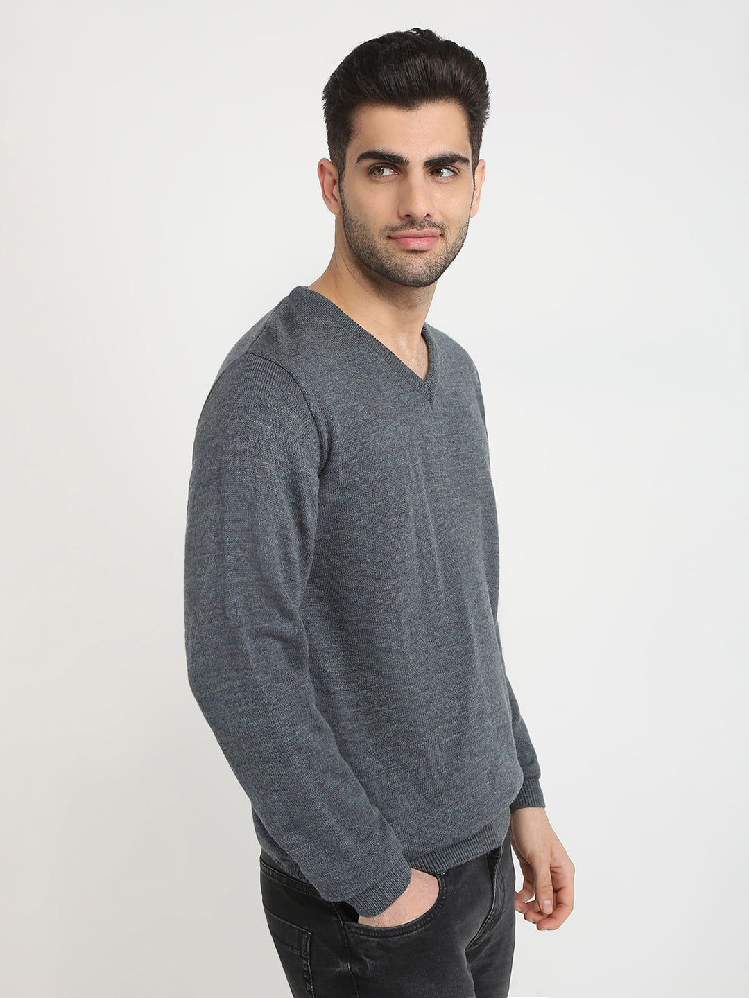 Park Avenue Men Grey Solid Regular Fit Acrylic Blend Sweater