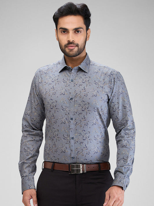 Park Avenue Grey Printed Slim Fit Cotton Formal Shirt