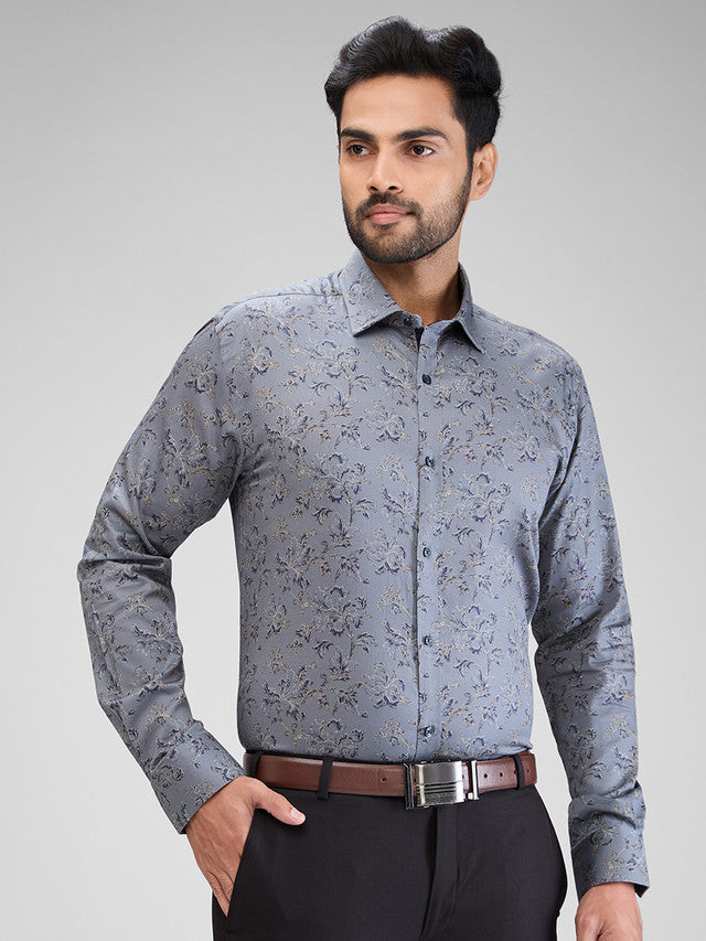 Park Avenue Grey Printed Slim Fit Cotton Formal Shirt
