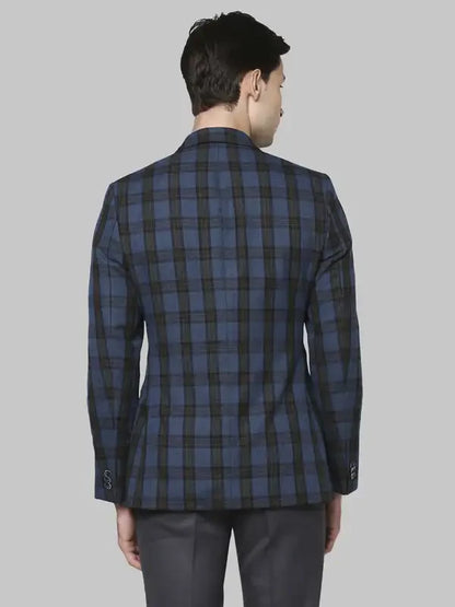 Men Blue Regular Fit Checks Polyester Blend Jackets