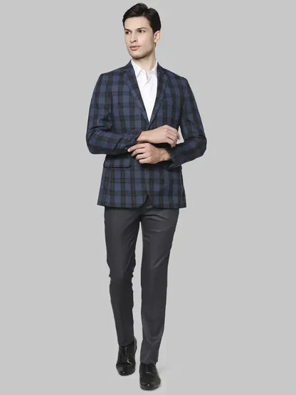 Men Blue Regular Fit Checks Polyester Blend Jackets