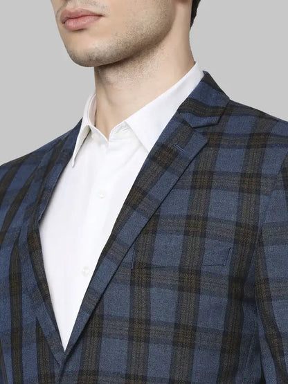 Men Blue Regular Fit Checks Polyester Blend Jackets