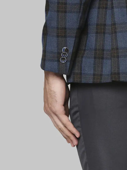 Men Blue Regular Fit Checks Polyester Blend Jackets