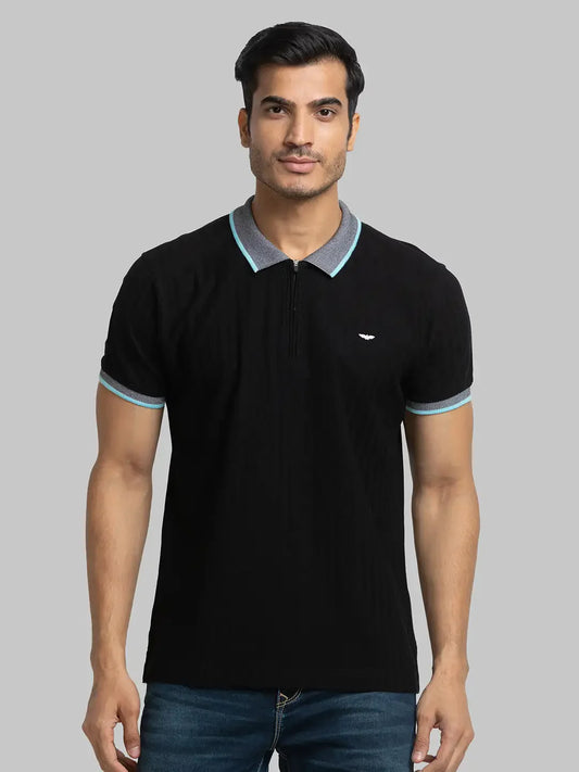 Men Black Slim Fit Solid Cotton Round Neck Collar Polo T-Shirt