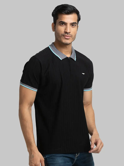 Men Black Slim Fit Solid Cotton Round Neck Collar Polo T-Shirt