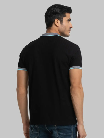 Men Black Slim Fit Solid Cotton Round Neck Collar Polo T-Shirt