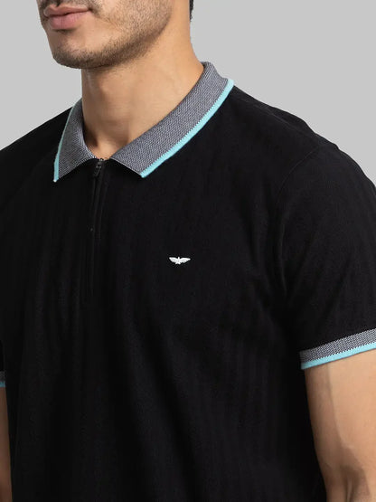 Men Black Slim Fit Solid Cotton Round Neck Collar Polo T-Shirt