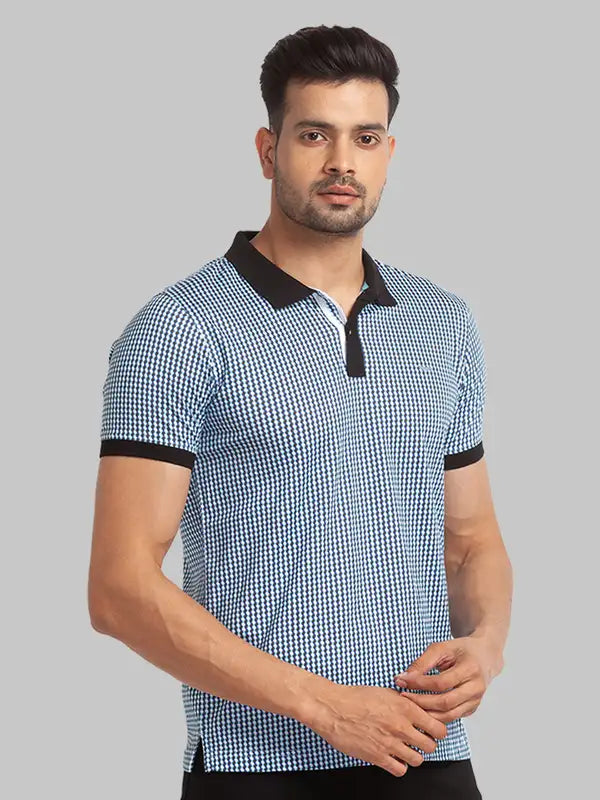 Men Blue Slim Fit Print Cotton Round Neck Collar Polo T-Shirt