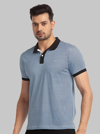 Men Blue Slim Fit Print Cotton Round Neck Collar Polo T-Shirt