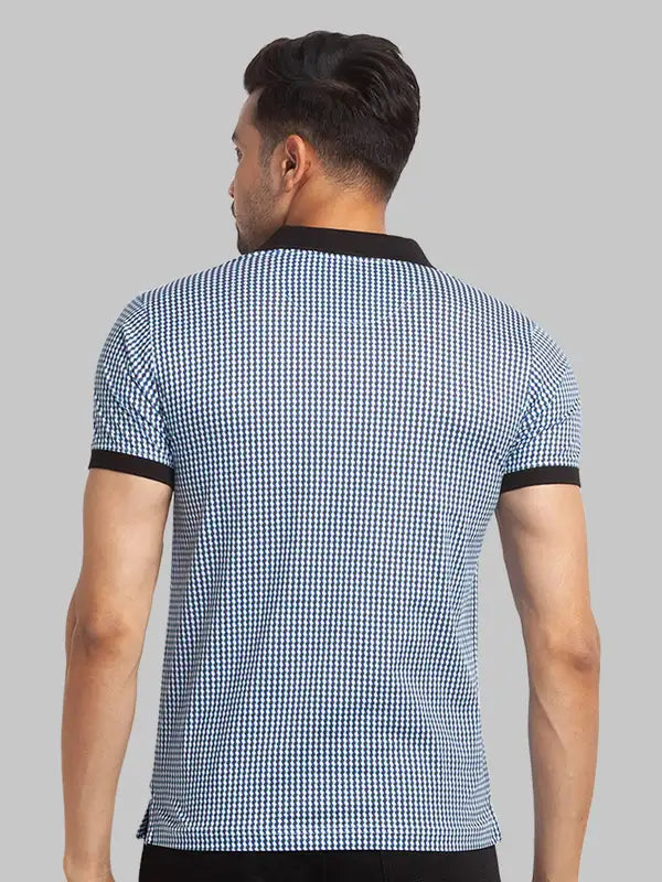 Men Blue Slim Fit Print Cotton Round Neck Collar Polo T-Shirt